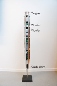 BeoLab 18 showing the internal circuit boards (power supply, DSP board and amplifiers). The grey bits are an acoustically absorptive foam that helps to attenuate standing waves inside the enclosure. These are rather strategically placed in order to have the most effect.