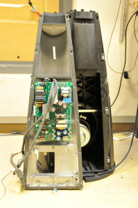 The electronics (analogue filters and amplifiers) of a BeoLab 9. As you can see here, this circuit board normally lives inside the woofer enclosure. The power supply board is not shown in this photo.