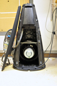 A view into the woofer cabinet of the BeoLab 9.