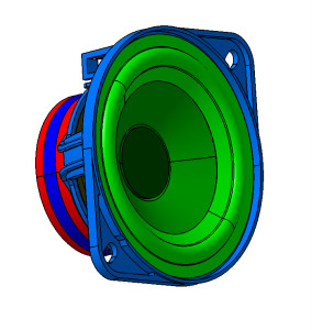 An entire moving coil loudspeaker. The green ring is the surround and the greyish-purple ring inside it is the diaphragm or speaker cone, glued to the top of the former.