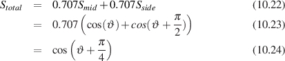 S     =   0.707S  + 0.707S                    (10.22)
 total          (mid        side   π )
      =   0.707 cos(ϑ)+ cos(ϑ + -)            (10.23)
             (    π )           2
      =   cos ϑ + --                          (10.24)
                  4
